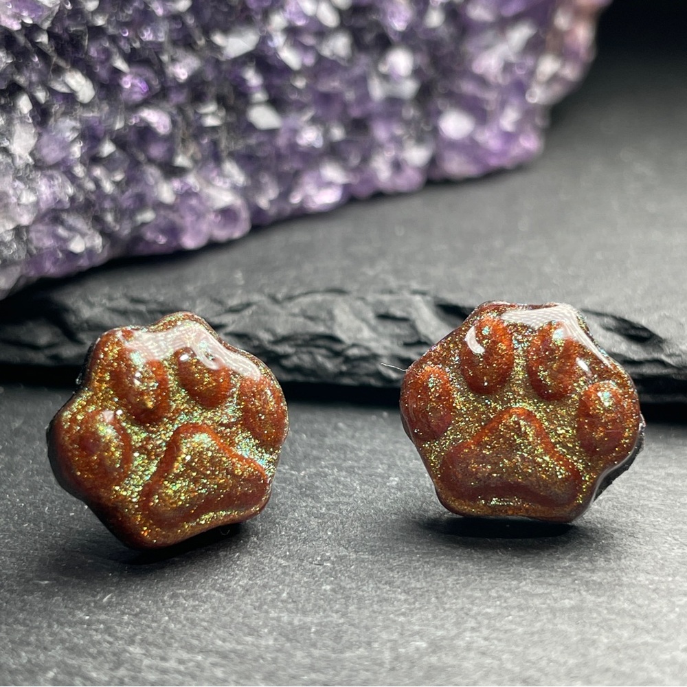 2/$18 Sparkling Reddish Brown Green Golden Glitter Paw Resin Stud Earrings